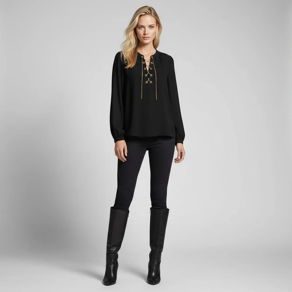 MICHAEL KORS Black Chiffon Tunic w Gold-tone Metal Lace Up Front. Large
